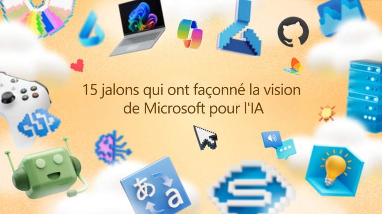 Icônes et graphiques représentant des avancées technologiques et IA autour du texte "15 étapes qui ont façonné la vision de Microsoft pour l'IA."