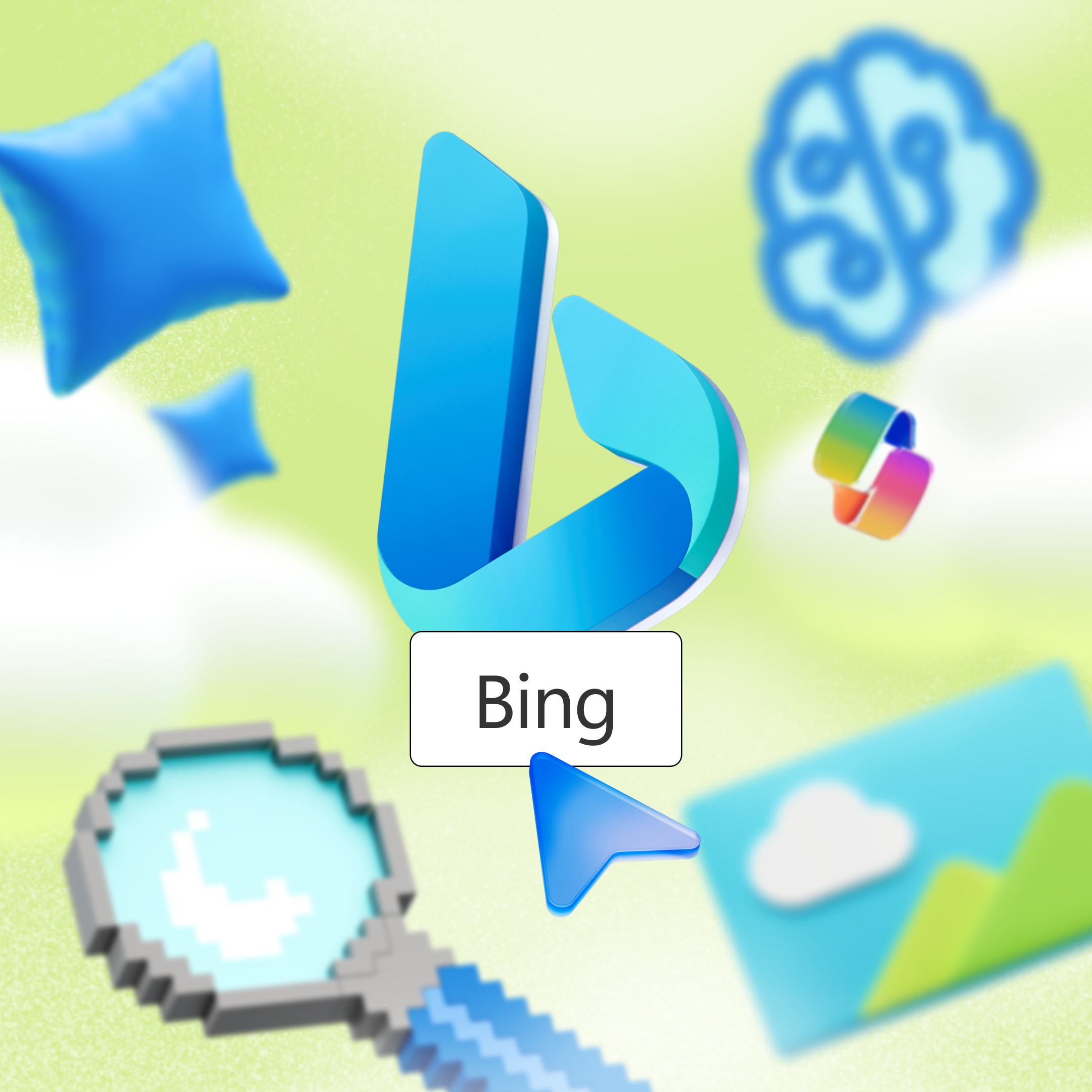 Logo stylisé de "Bing" entouré de divers icônes, y compris une loupe, un symbole de cerveau, un oreiller et une image de montagnes avec des nuages. Fond vert clair avec des formes nuageuses blanches.