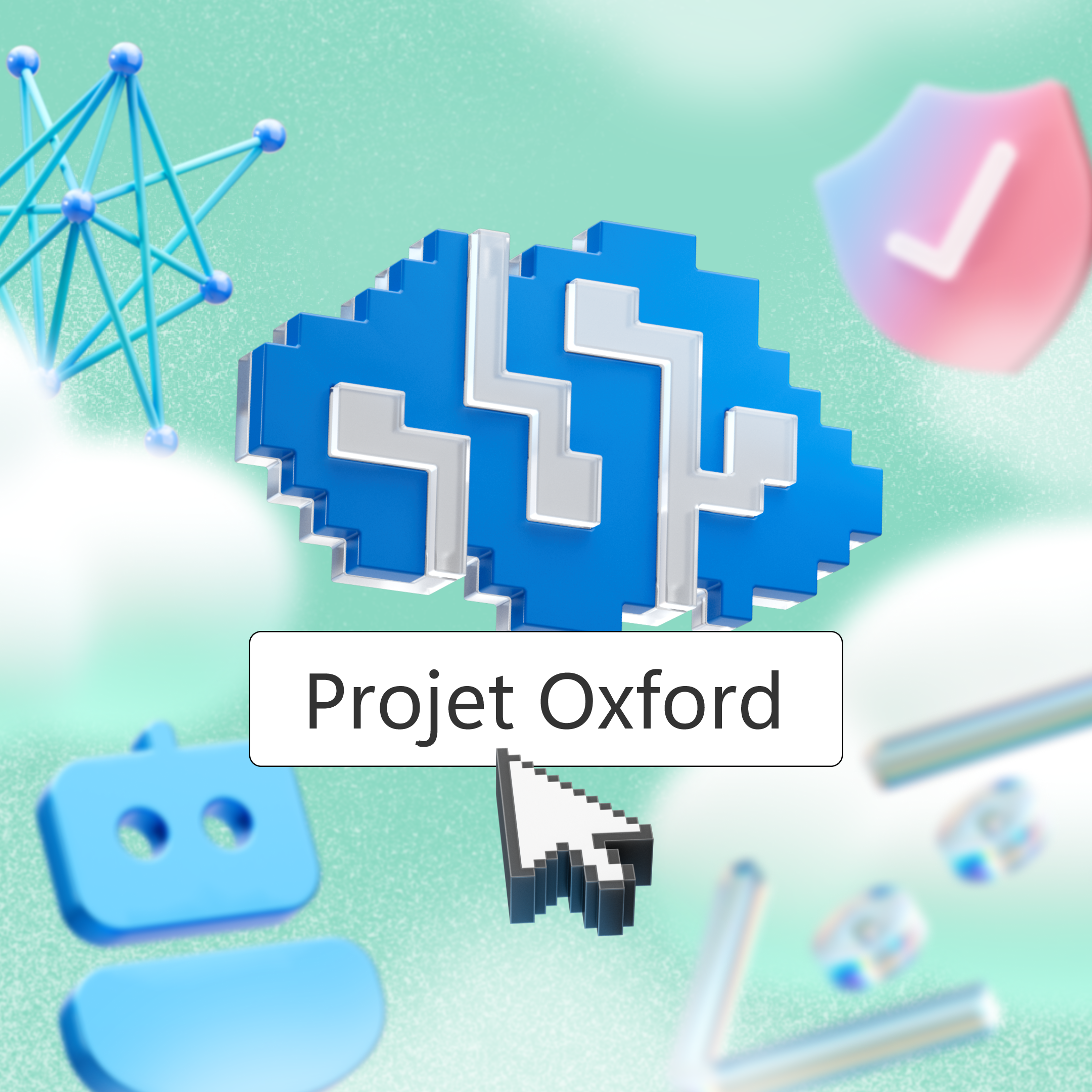 Cerveau bleu stylisé avec un design pixelisé, étiqueté "Project Oxford." Un curseur pointe vers l'étiquette. Le fond inclut divers éléments abstraits tels qu'une structure de réseau, un bouclier avec une coche et d'autres icônes