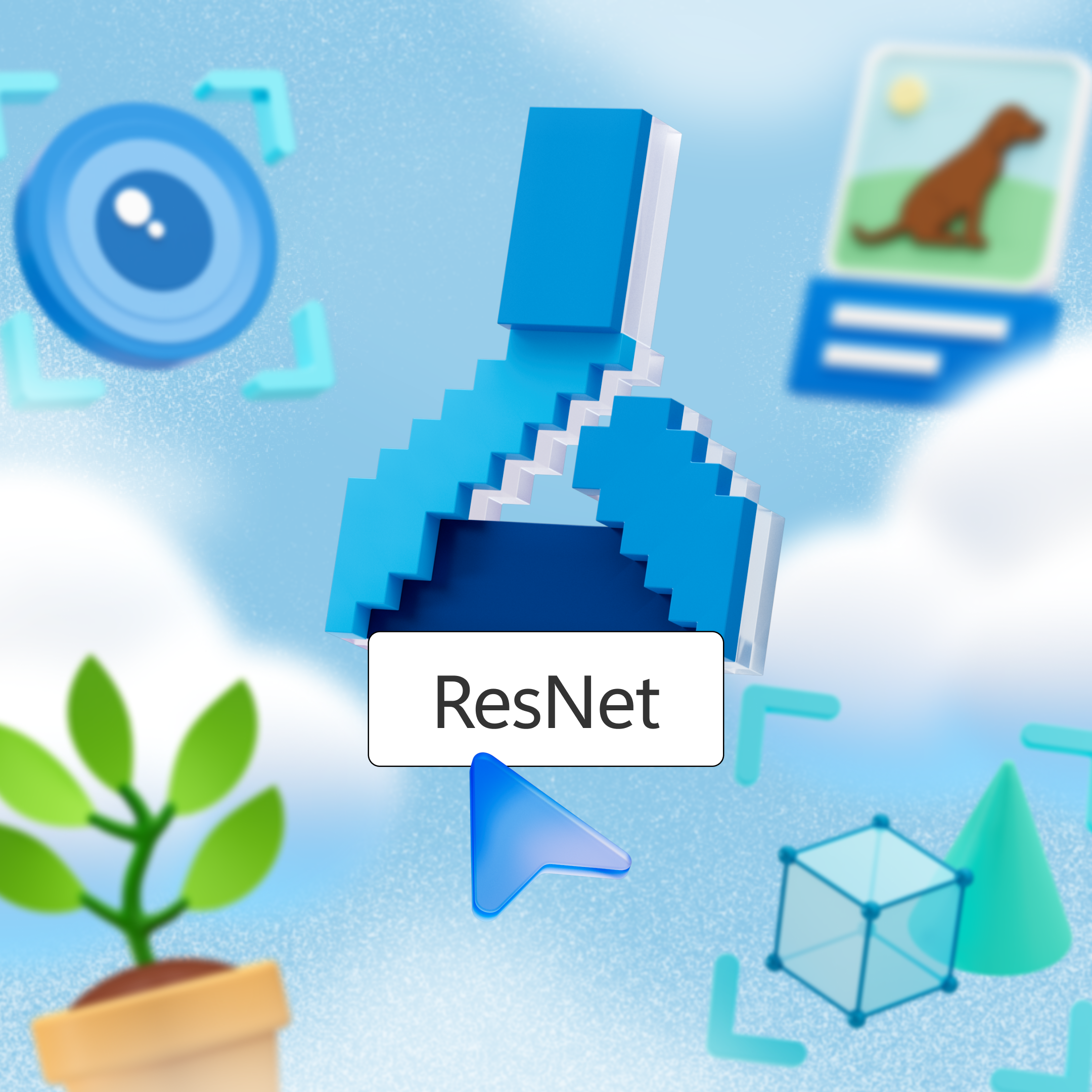 Représentation stylisée d'un réseau neuronal, spécifiquement ResNet, avec divers icônes en arrière-plan, y compris un objectif de caméra, une image de chien, une plante en pot et des formes géométriques. Le mot "ResNet" est affiché au centre.