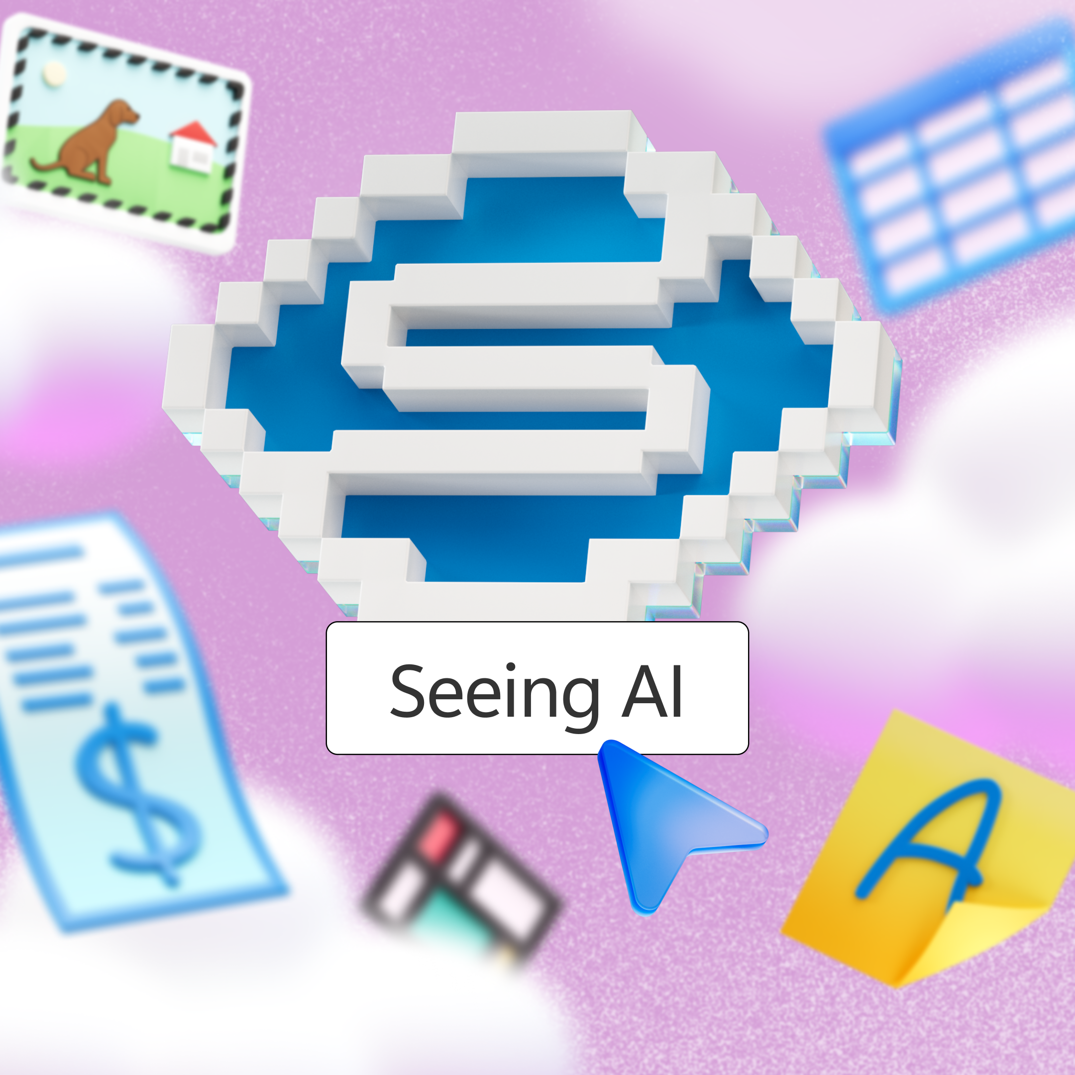 Logo 3D de l'application Seeing AI au centre, entouré de divers icônes, y compris un timbre avec un animal, un calendrier, un reçu avec un signe dollar, un curseur de flèche et un "A" sur un fond jaune. Fond rose avec des nuages blancs.