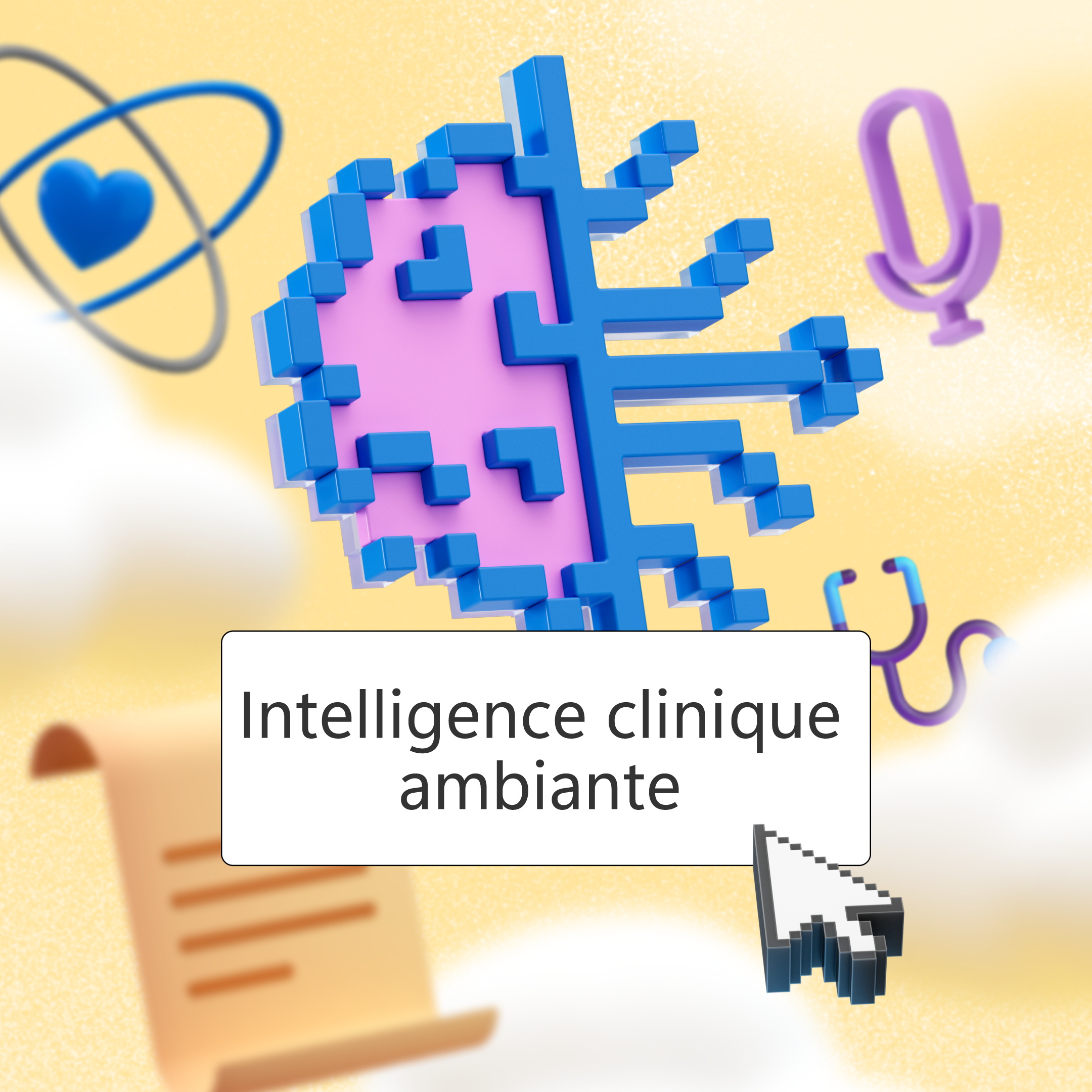 Illustration stylisée avec divers éléments liés à la santé et à la technologie. Graphique central d'un cerveau avec des circuits numériques, symbolisant l'intégration de l'intelligence artificielle en milieu clinique. Autour du cerveau, des icônes incluant un atome avec un cœur, un microphone et un stéthoscope, indiquant des thèmes de science, communication et pratique médicale. Un parchemin avec du texte est présent dans le coin inférieur gauche. Texte au centre : "Ambient Clinical Intelligence," avec un curseur de flèche pointant vers lui.