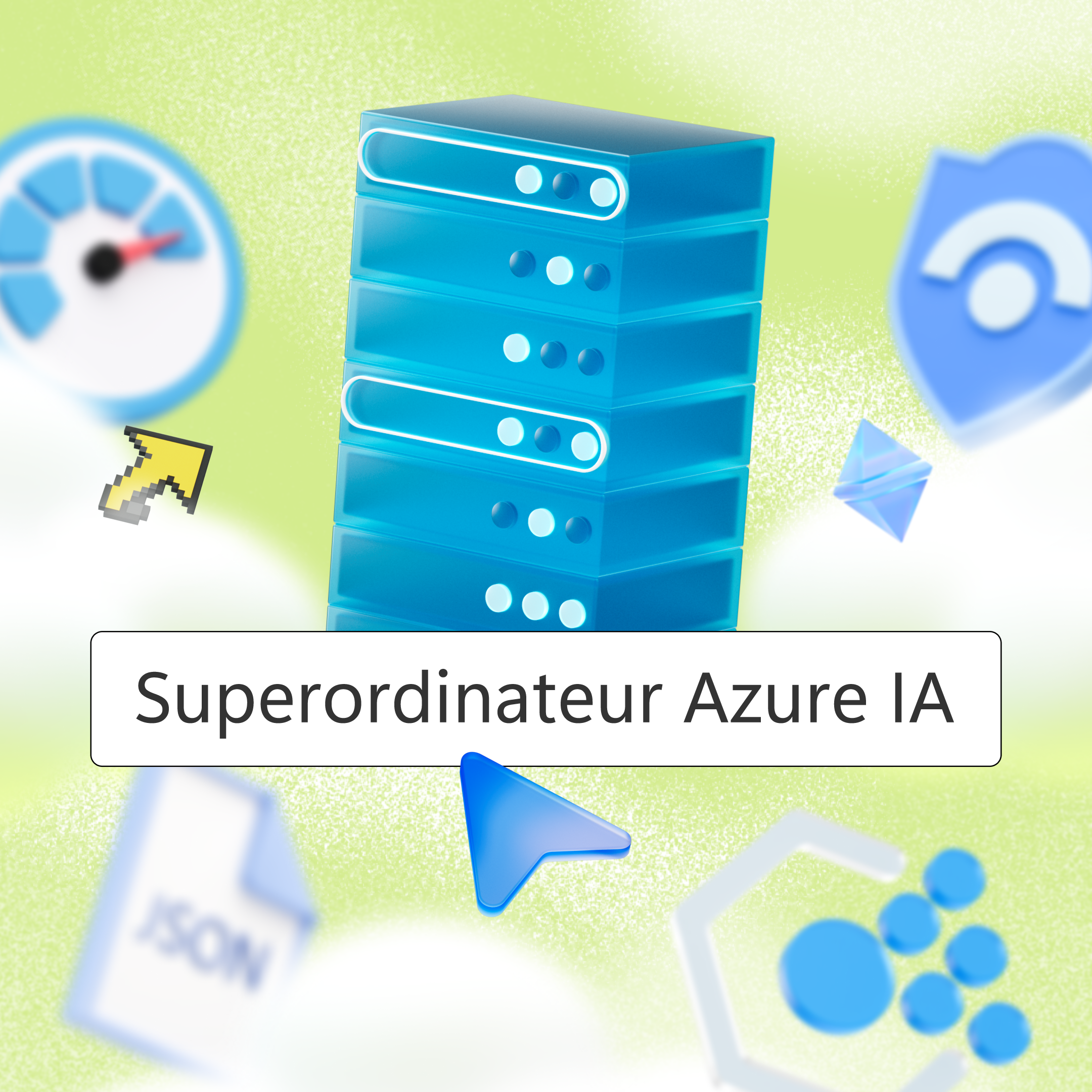 Illustration stylisée d'une pile de serveurs avec divers icônes flottants autour, y compris un indicateur de vitesse, un curseur de flèche, une icône de fichier JSON et d'autres formes abstraites. Texte au centre : "Azure AI supercomputer".