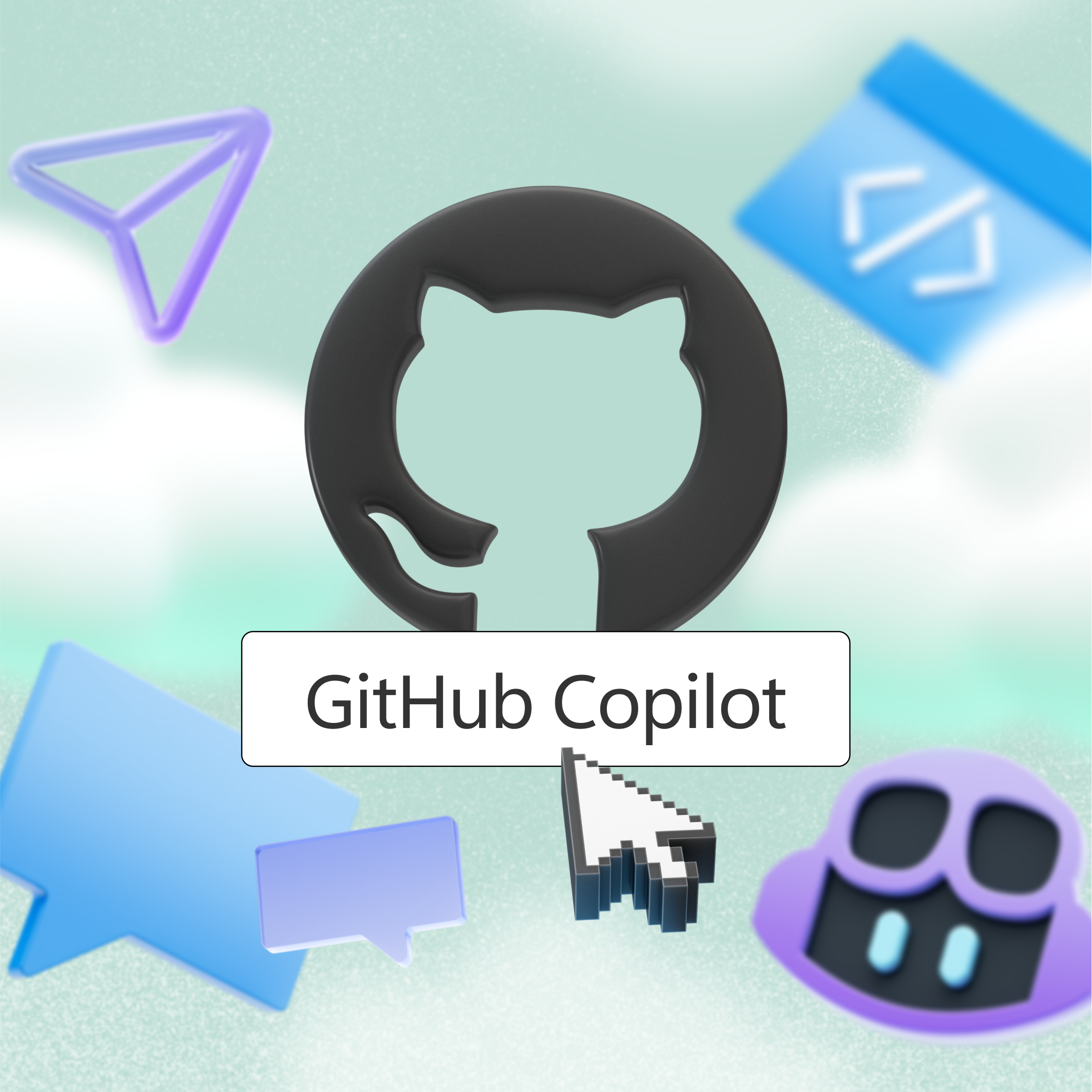 Logo de GitHub Copilot au centre, entouré de divers icônes, y compris un avion en papier, un symbole de code, une bulle de dialogue et un crâne avec des lunettes. Texte "GitHub Copilot" affiché sous le logo avec un curseur pointant vers lui.