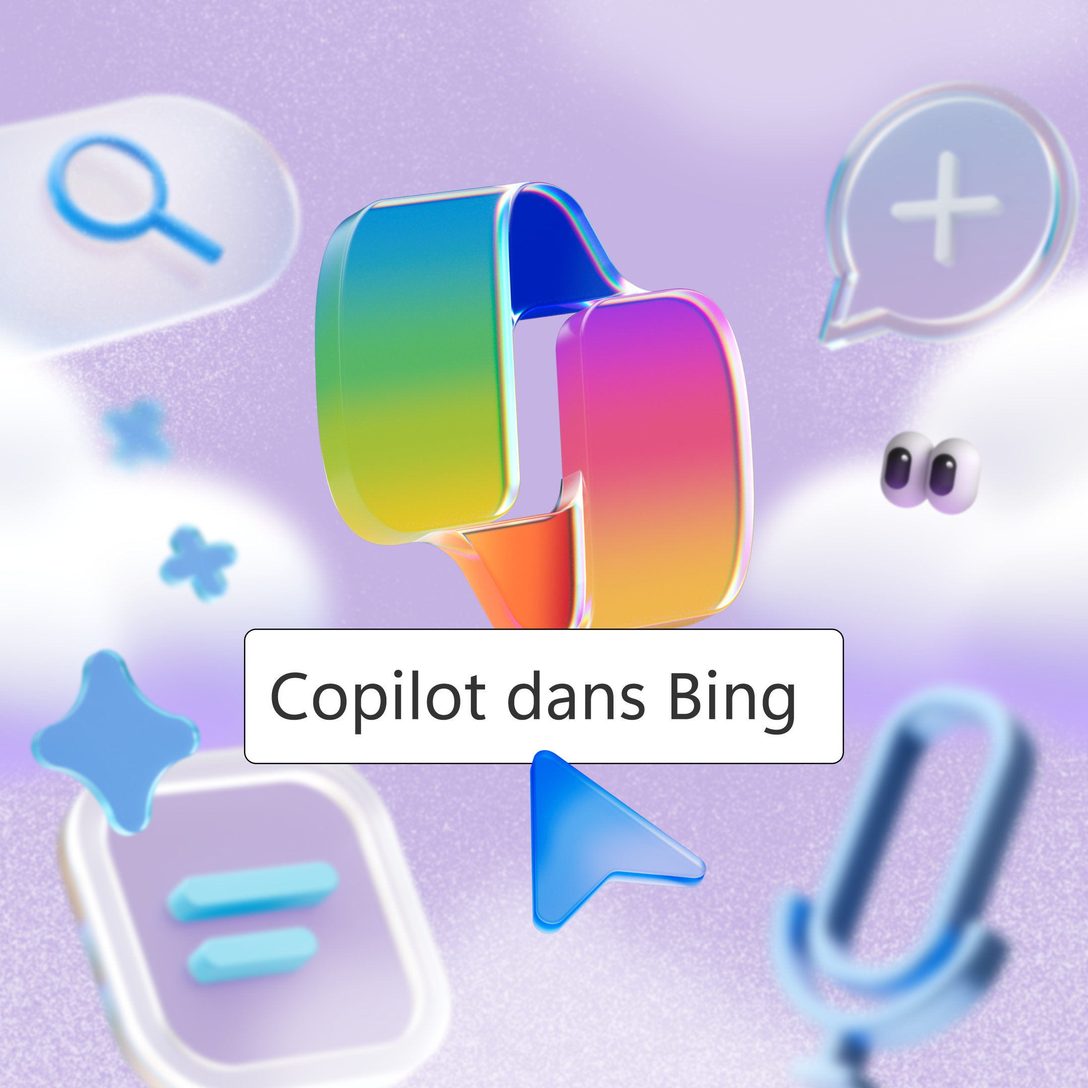 Logo abstrait et coloré au centre avec le texte "Copilot in Bing" en dessous. Fond violet doux avec divers icônes flottants, y compris une loupe, un signe plus dans une bulle de dialogue, un signe égal dans un carré arrondi, un curseur de flèche et un microphone. Il y a aussi deux petits yeux en haut à droite du logo.