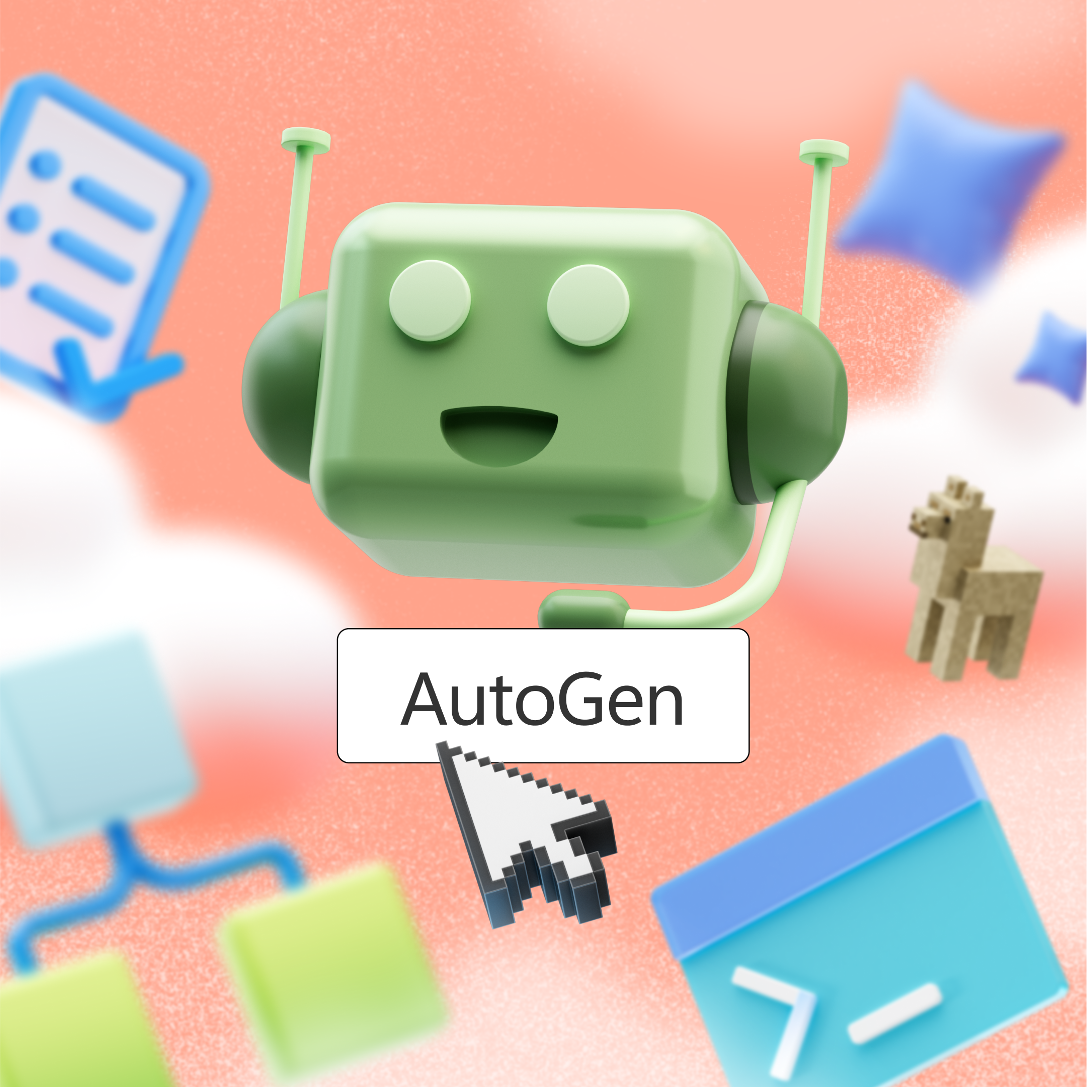 Robot vert avec un visage souriant et des antennes, tenant un panneau qui dit "AutoGen." Fond rose avec divers objets flottants, y compris une liste de contrôle, des oreillers, une figurine de lama, des symboles de diagramme de flux et un calendrier.