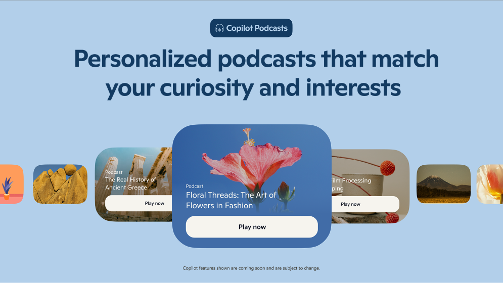 Publicité pour "Copilot Podcasts" avec des vignettes de podcasts et le slogan "Podcasts personnalisés".