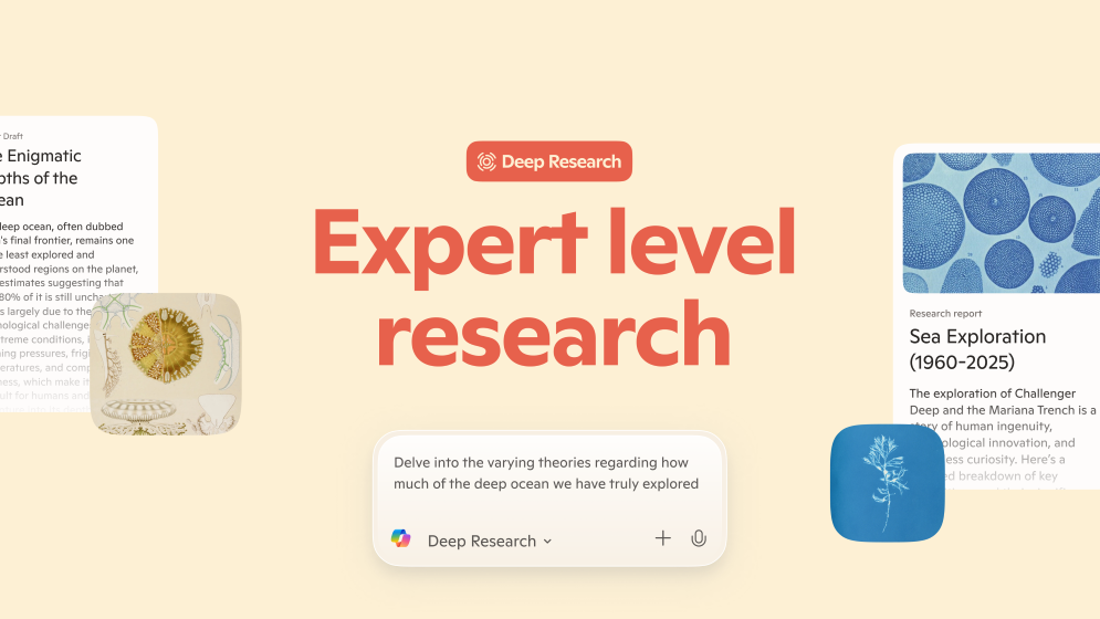 "Deep Research" avec le texte "Recherche de niveau expert" et un rapport sur l'exploration marine.