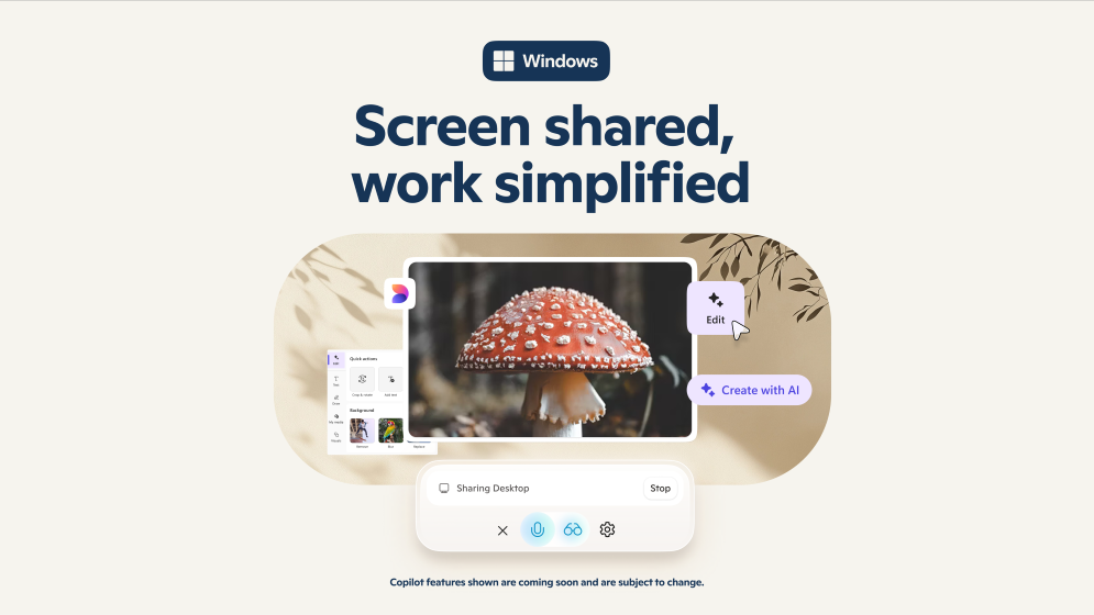 Graphique promotionnel de Windows avec écran partagé et outils d'IA.