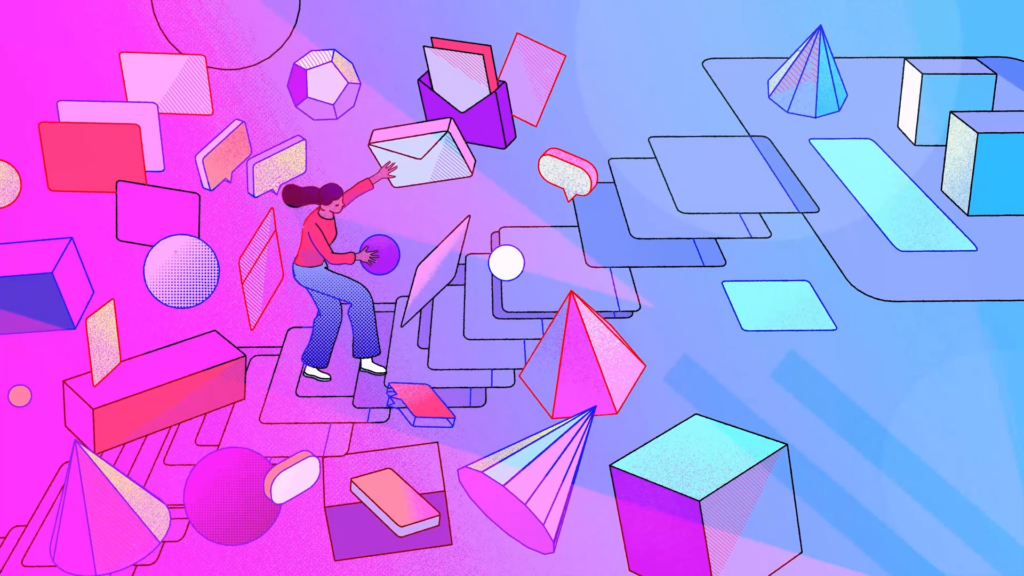 A person surrounded by geometric shapes on a colorful pink-to-blue gradient background.