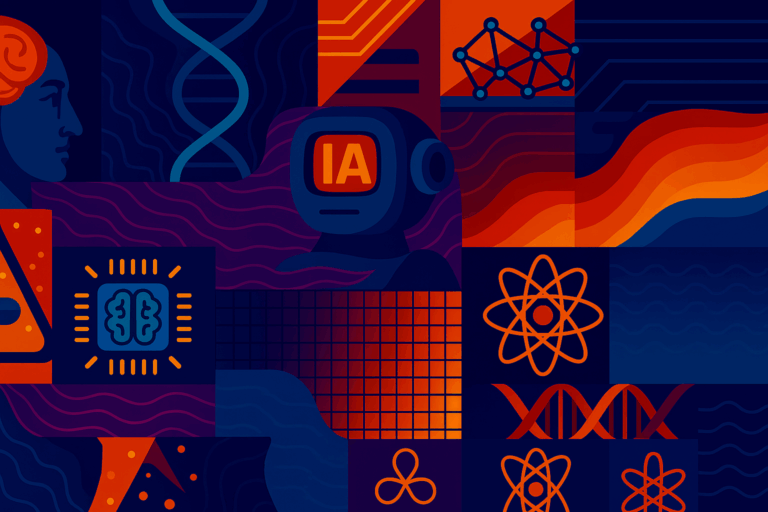 Une illustration numérique colorée mettant en vedette des symboles liés à l’IA et à la technologie, incluant une tête de robot avec le texte "IA", des hélices d’ADN, des réseaux neuronaux, des circuits cérébraux et des symboles atomiques dans des tons vibrants de bleu, rouge et orange.
