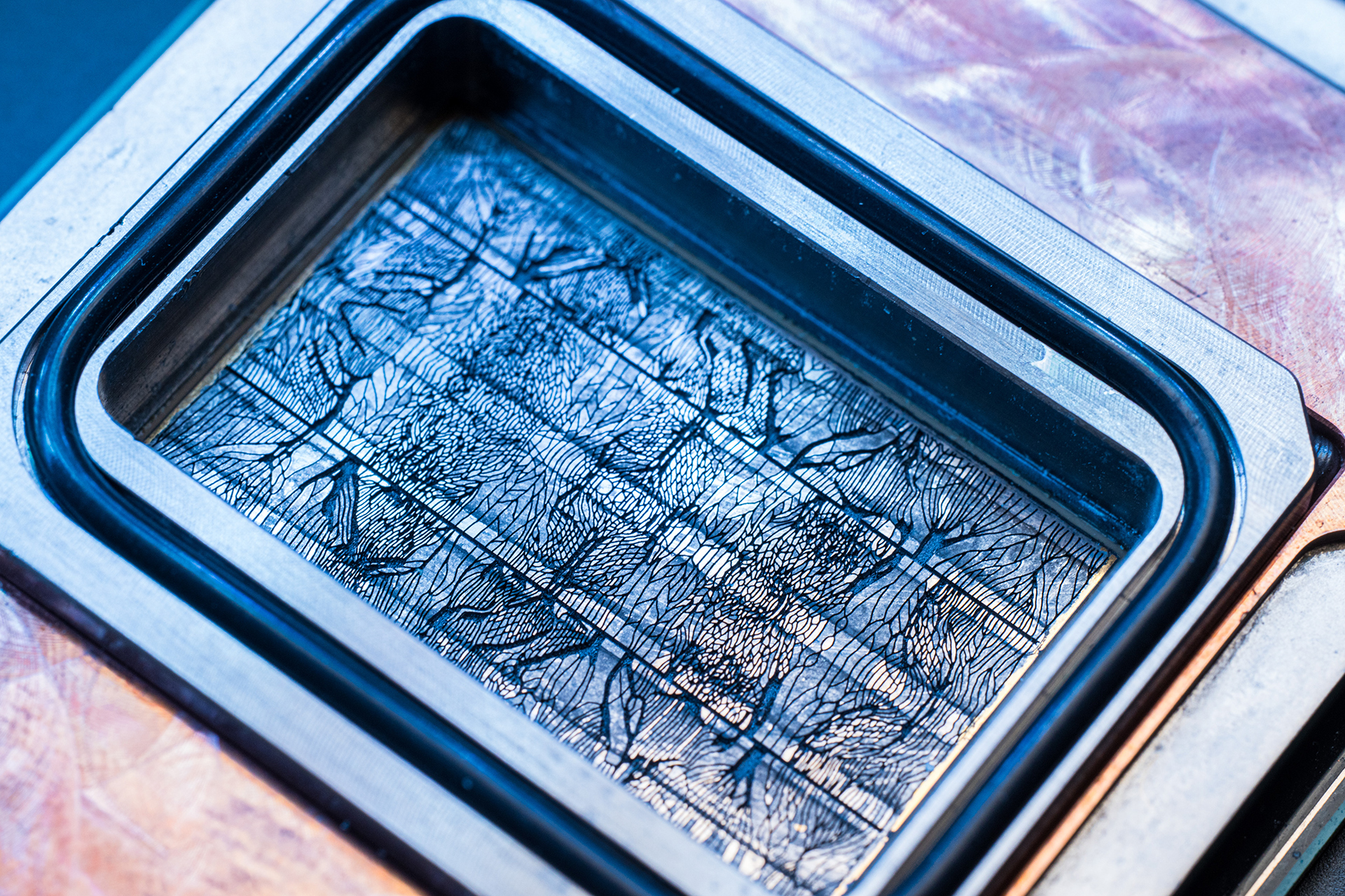 A microfluidics computer chip showing microchannel grooves