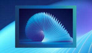 Digital collage featuring an abstract artwork of a spiral structure made of layered, translucent blue shapes set against a gradient background of deep blue and light cyan.
