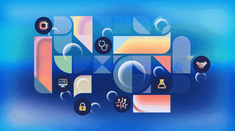 Abstract geometric illustration with floating icons on a blue gradient background