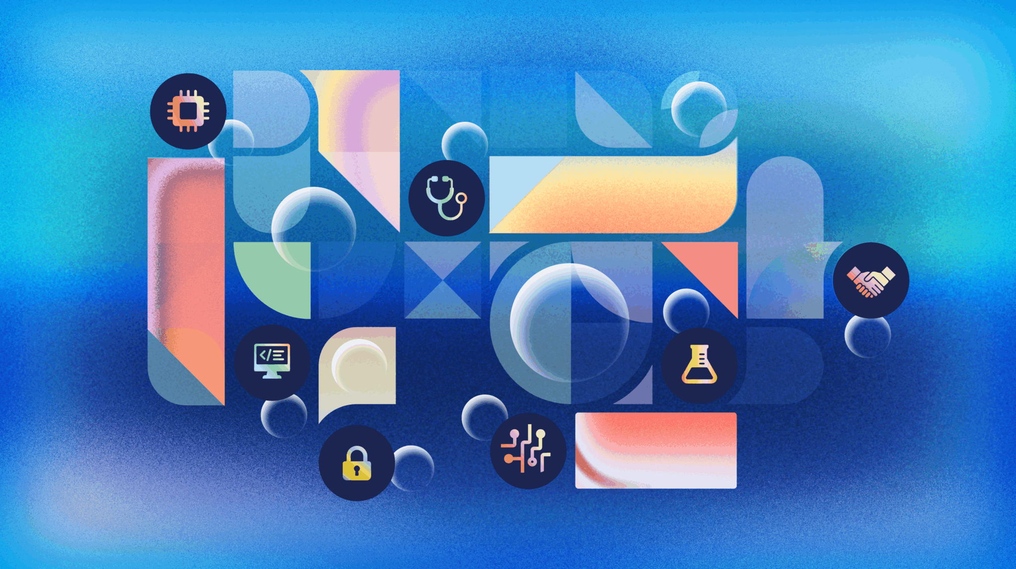 Abstract geometric illustration with floating icons on a blue gradient background