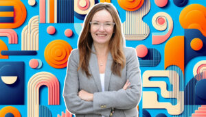 A woman in front of a background of colors and shapes