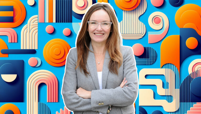 A woman in front of a background of colors and shapes